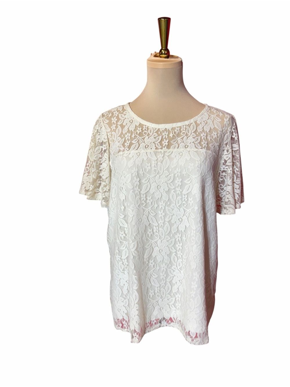 Notations White Floral Lace Blouse XL Lined Short Sleeve Classic Feminine Top